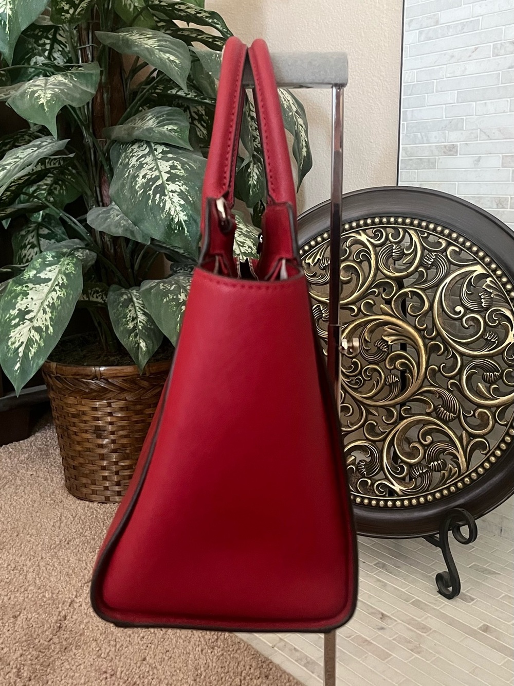 Michael Kors Red Saffiano Leather Satchel with Silver-Tone Hardware - Picture 3 of 6